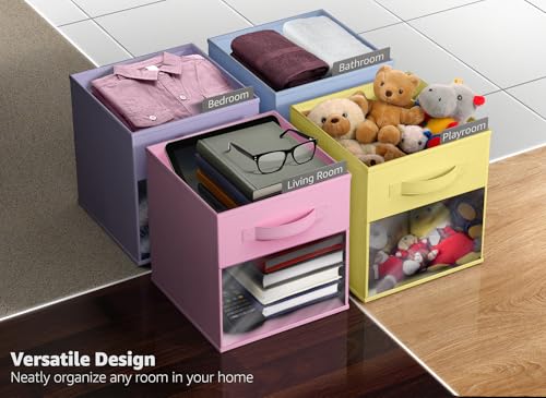 Sorbus 13 Inch Storage Bins with Clear Window - 6 Foldable Baskets for Organizing Clothes, Toys, Books - Sturdy Collapsible Fabric Storage Cubes with Handle - Storage Baskets for Shelves, Closets - color: Pastel Multi-Color with Window, size: 13 Inch