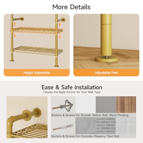 ONBRILL L7 Wall Mounted Industrial Pipe Clothing Rack – Heavy Duty Modular Closet System with 9 Hanging Rods ( 6 Expandable) & 10 Adjustable Shelves, Corner Garment Rack, Large Wardrobe - Gold - color: Gold