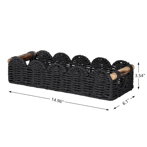 CubesLand Bathroom Basket Organizer w/Cut Out Handle, Back of Toilet Paper Storage Baskets Tray for Bathroom Countertop Decorative, Scalloped Wicker Basket Also for Home Decor, Living Room, Black - color: Black