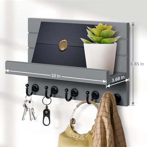 HONJIN Key and Mail Holder for Wall: Rustic Key Hanger Key Rack Organizer with 5 Sturdy Key Hooks for Entryway Bedroom Kitchen House Decor (Grey) - color: Gray