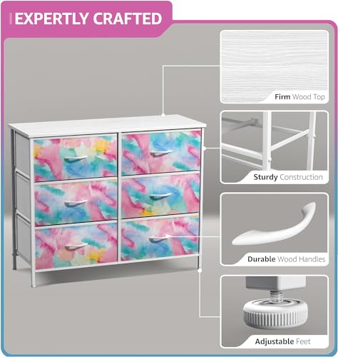 Sorbus Kids Dresser with 6 Drawers - Storage Chest Organizer Nightstand - Steel Frame, Wood Top, Tie-Dye Fabric Bins for Clothes - Wide Furniture for Bedroom, Hallway, Nursery, Closet, & Apartment - color: Watercolor, style: 6-Drawer