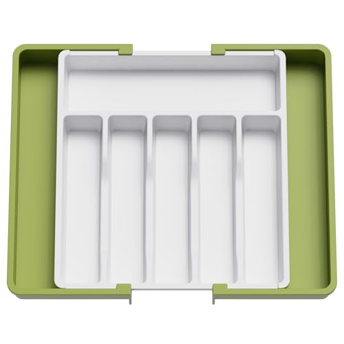Lifewit Silverware Drawer Organizer, Expandable Utensil Tray for Kitchen, BPA Free Flatware and Cutlery Holder, Adjustable Plastic Storage for Spoons Forks Knives, 13-22 x 15", Green&White - color: Green&White, size: XL (13-22''W x 15''D)