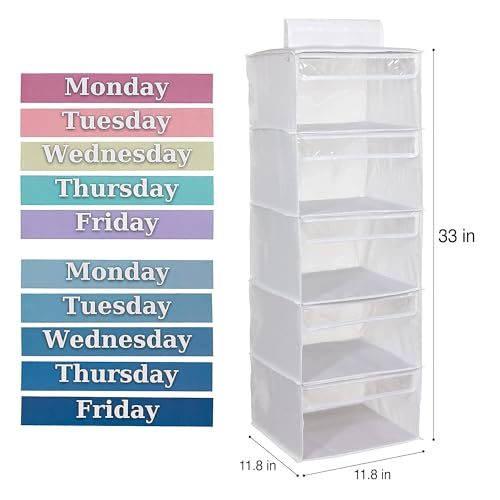 Three Sweet Peas Co Weekly Clothes Organizer for Kids – 5 Shelf Hanging Closet Storage for School Outfits | Monday to Friday Daily Clothing Divider with Color Labels, 33" Durable Polyester