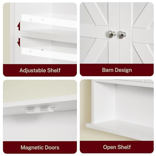 TEENFON Bathroom Wall Cabinet, Over The Toilet Space Saver Storage with Barn Doors & Adjustable Shelf, Hanging Medicine Cabinet, White 7.1" D x 15.4" W x 19.3" H - color: White