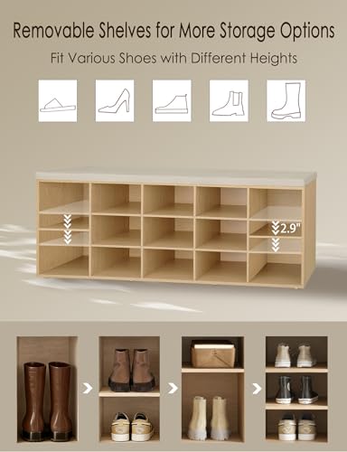 DINZI LVJ Shoe Storage Bench with Cushion, 13-Cubby Shoe Rack, Adjustable Shelves, Multifunctional Shoe Organizer Bench for Entryway, Mudroom, Hallway, Living Room, Bedroom and Garage, Natural - color: Natural, size: 13 Cubby