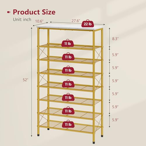 Tajsoon 8 Tier Shoe Rack Organizer for 28-32 Pairs of Shoes, Metal Mesh Shoe Shelf for Closet, Industrial Shoe Rack for Entryway Shoe Storage with X Shape Fixed Frame, White & Gold - color: White & Gold, size: 8-Tier
