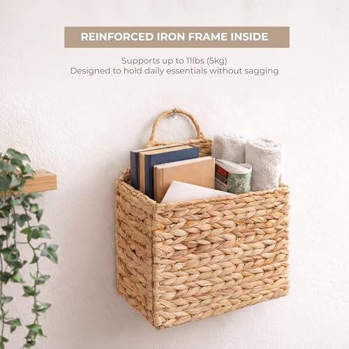 Boho Water Hyacinth Hanging Wall Basket, Flat Back Woven Storage Organizer for Mail, Books and Magazines, Decorative Wall Basket for Entryway and Farmhouse Home