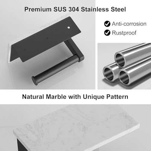 BWE Matte Black Toilet Paper Holder with Marble Shelf, Toilet Paper Roll Holder Wall Mounted, Toilet Paper Roll Holder with Phone Shelf 304 Stainless Steel Tissue Holder for Bathroom Washroom - color: Black
