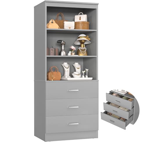 Aheaplus 23.6" Closet Drawers System, Wood Closet Organizer System with 3 Drawers, Modular Small Walk-in Closets Storage Unit, Grey (23.6" L x 13.8" W x 71" H) - color: Grey, size: 23.6''