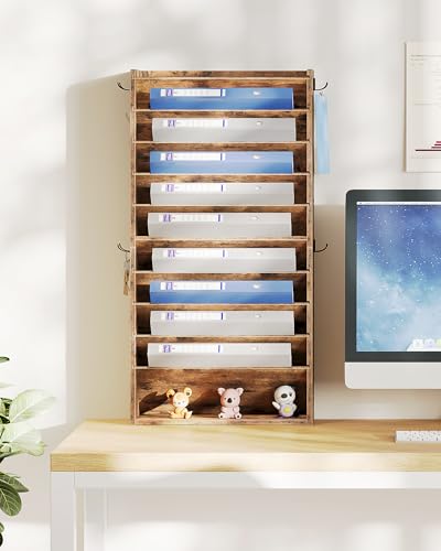 CHOEZON Wall File Organizer, 10-Tier Hanging Mail Organizer, Wall Mount File Holder with 4 Side Hooks, Mail and Storage Organizer, Wooden Vertical Hanging Holder for Office, Rustic Brown MWJ03FG - color: Rustic Brown, size: 10-Tier