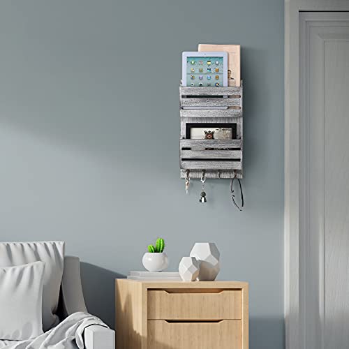 BTY Mail Sorter Wall Mounted, Wooden Mail Holder with 4 Key Hooks, 2 Slot Letter Bills Newspaper Magazine Organizer for Entryroom Hallway Office Garage, Gray White - color: Gray White