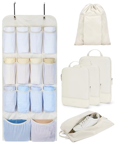 BAGSMART Hanging Compression Packing Cubes for Closet Organizers And Storage, 6 Set Suitcase Organizer Bags Set, Cruise Travel Essentials for Women | Hanging, Compression, Packing Cubes, for Women - color: Beige