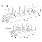 OMIO Expandable Pots and Pans Organizer Rack Under Cabinet, 12"-22" Adjustable Lid Holder with 7 Stainless Steel Dividers, White ABS Kitchen Storage for Lids, Pans, Cutting Boards - color: White Gray