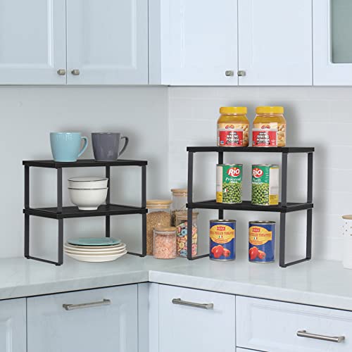 CADUKE Set of 4 Kitchen Counter Shelves Stackable Shelf Organizer Wood Countertop Shelves Expandable Cabinet Shelf Organizers Countertop Storage Rack for Pantry, Industrial Black - color: Black