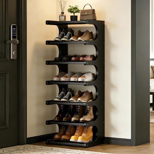 39" Bamboo Shoe Rack - Vertical Shoe Organizer Rack for Small Space, Narrow Shoe Tower for Closet, Entryway, Corner, Tall Shoe Shelf with Removable Shelves, Flexible Storage Shelf for Saving Space - color: Black
