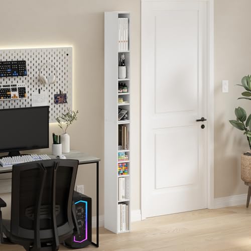 Furinno Fulda Book Shelf, 10-Tier Bookshelf, Space Saving Storage Shelf Bookcase, 9.2 x 5.9 x 78.7, for Living Room, Bedroom, Home Office, White - color: White, size: 10-Tier, 6-Inch Width