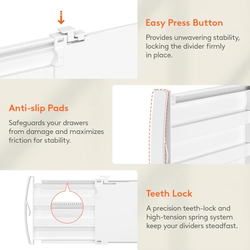 Lifewit 5" Tall 4 Pack Drawer Dividers, 30-47cm/11.5-18.5" Expandable Drawer Divider for Clothes, Adjustable Dresser Drawer Organizers, Drawers Separators for Dresser/Bathroom/Closet/Kitchen White - size: 5"H, 11.5-18.5"L