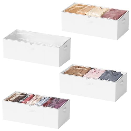 SpaceAid 4 Pack 10" High Under Bed Storage Containers, Large Underbed Storage Organizer Bins with Lids for Bedroom, Dorm, Clothes, Closet Organization, Bed Sheets and Blankets (White) - color: White