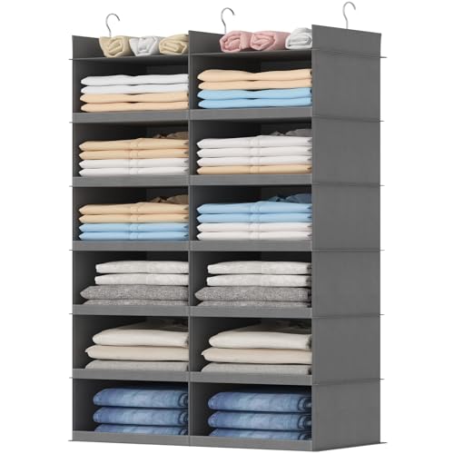 Lifewit Dual-Row 6 Tier Hanging Closet Organizer and Storage, Wide Clothes Storage Shelves with 3 Sturdy Hooks for Clothing Organization, Large Foldable Sweater Shelf for Bedroom, 12 Sections, Grey - color: Grey, size: 6-Tier