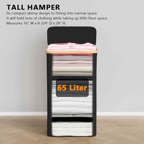 SpaceAid Slim Laundry Hamper with Lid, 65L Narrow Clothes Basket Bin with Bamboo Handles, Skinny Tall Collapsible Hamper for Bedroom, Bathroom, Dorm, Laundry Room - Black - color: Black, size: 65 L