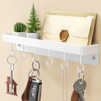 niffgaff White Key Holder Wall Mount, Stainless Steel Self Adhesive Hooks Rack with Shelf, No Drill Key Hanger for Door and Wall - color: White