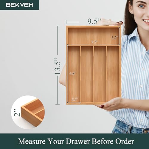Bamboo Silverware Organizer, Kitchen Drawer Organizer, Utensil Holder, Cutlery Tray & Spoon Flatware Storage with Grooved Drawer Dividers (9.5''W x 13.5''D) - color: Natural, size: 9.5''W x 13.5''D