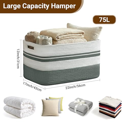 75L Large Blanket Basket, 22"x17"x12"Rectangle Cotton Rope Woven Storage Basket with Handles, Laundry Hamper for Living Room, Nursery, Bedroom - Chemical-Free, Kid & Pet Safe - Sage Green - color: Sage Green/White