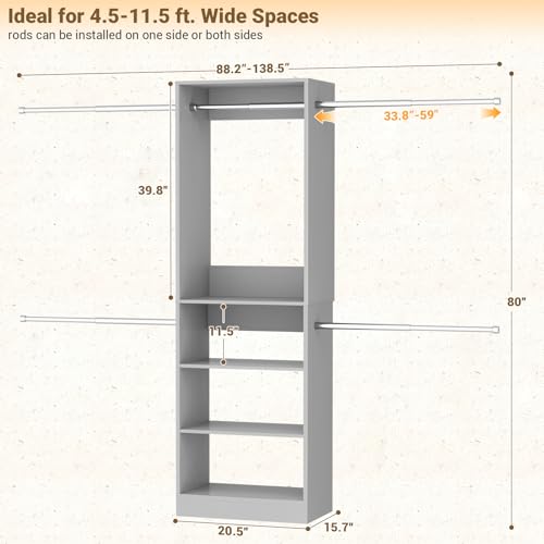 Homieasy Closet System, 4.5-11.5 Ft Expandable Closet Organizer with 5 Hanging Rods, Walk-in Wood Closet Organizer System with Storage Tower, Heavy Duty Garment Rack Wardrobe for Bedroom, Gray - color: Gray