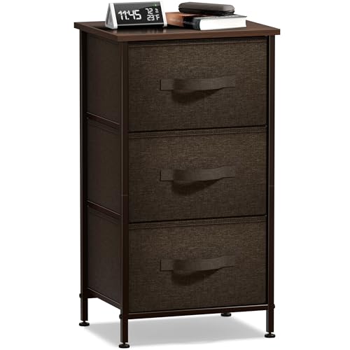 Sorbus Nightstand with 3 Drawers - Bedside Furniture & Night Stand End Table Dresser with Steel Frame, Wood Top, Easy Pull Fabric Bins for Home, Bedroom Accessories, Office & Dorm - color: Brown, style: 3 Drawer
