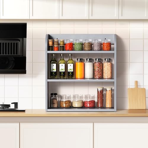 ROMGUAR CRAFT 3 Tier Bamboo Spice Rack, Countertop or Wall Mounting Wood Spice Jars Organizer Shelf for Kitche, Pantry (Grey) - color: Grey, size: 3 Tier