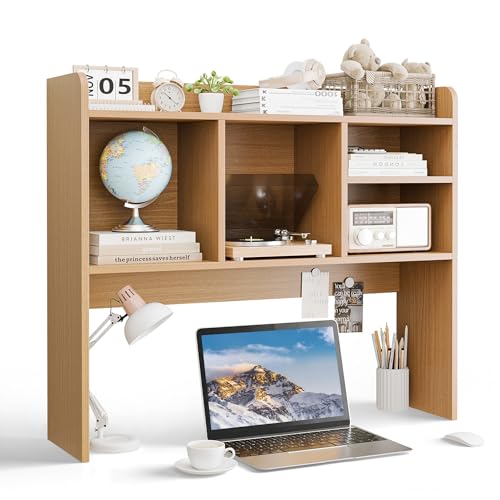 SUPER DEAL Desktop Bookshelf, Countertop Storage Hutch with 4 Shelves for Computer Desk, 2-Tier Display Rack, Multipurpose Wood Desk Hutch Storage Organizer for Home Office Dorm, Natural - color: Natural