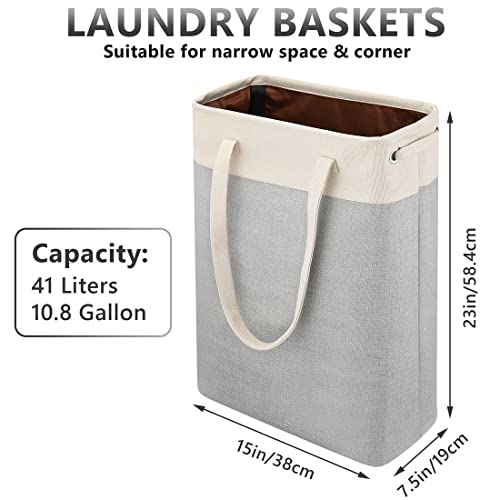 i BKGOO Laundry Basket with Handles Beige&Silver Slim Laundry Bin Collapsible Dirty Clothes Basket Narrow Laundry Bag Foldable Dirty Hamper for Camping, Dorms, Apartments - color: Beige&Silver