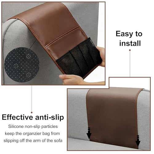 Anti-slip Sofa Armrest Bag with 5 Pockets Leather Remote Control Holder Organizer for Tablet Magazine Newspaper Glasses Earphone