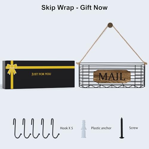 SRIWATANA Mail Holder, Rustic Mail Organizer Wall Mount Hanging Mail Sorter Letter Basket with 5 Key Holder for Wall, Large, Carbonized Black - color: Carbonized Black, size: Large