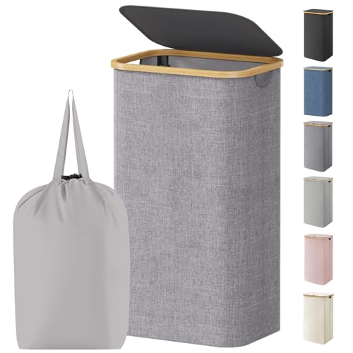 Lifewit 100L Laundry Basket with Lid, Clothes Hampers for Laundry with Bamboo Handles and 1 Removable Bag, Large Foldable Laundry Hamper for Bedroom, Bathroom, Dorm, Laundry Room, Light Gray - color: Light Gray, size: 100L