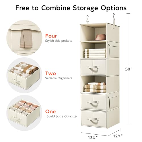 Vailando 6-Shelf Hanging Closet Organizer with 3 Drawers, 6-Shelf Inseparable Closet Organizers and Storage for Wardrobe Organization, Hanging Dresser for Nursury & Dorm Clothes Organizer, Beige - color: Beige, size: 6-Shelf Inseparable