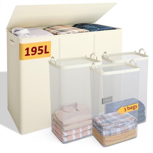 195L Laundry Hamper 3 Section,Large Laundry Hamper with Lid,Dirty Clothes Hamper with 3 Inner Bags,Collapsible Laundry Basket Organizer for Laundry Room,Bedroom,Laundry Sorter Hamper 3 Compartment - color: Beige, size: 195L