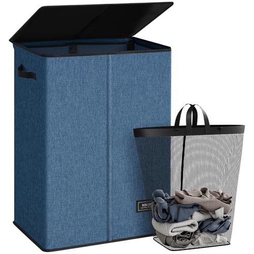 SOLEDI Laundry Hamper with Lid 130L Large & Tall Collapsible Laundry Basket, Clothes Hamper with Bag Removable Easy to Carry, Dirty Hampers for Bedroom, Bathroom, Dorm, College, Blue - color: Blue, size: 130L