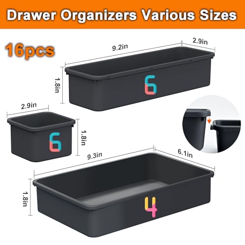 QUELIEN Desk Drawer Organizer Tray Set, 16PCS Plastic Drawer Organizer Bins for Office, Makeup, Kitchen - Gray Blue Desk Organizer with Flexible Interlocking Design for Efficient (Gray Blue, 16PCS)