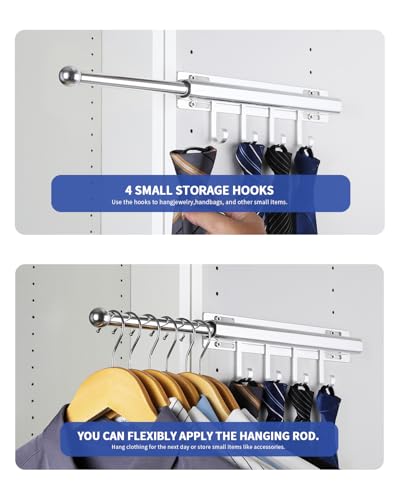BaiNong 12" Valet Rod for Closet Pull Out With 4 Hooks Valet Rods for Closets (2Pack Silver) Closet Valet Rod Slide Out - color: Silver/2 Pack, size: 12 Inch