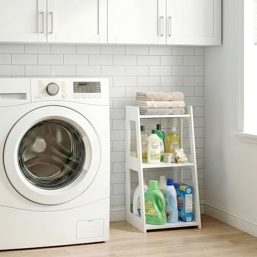 3-Tier Bathroom Ladder Shelf Freestanding, White Floor Shelves Open Shelving Unit, Small Bookshelf Nightstand for Home Study Laundry Room (11.0”D x 12.6”W x 26”H) - size: 11.0”D x 12.6”W x 26”H