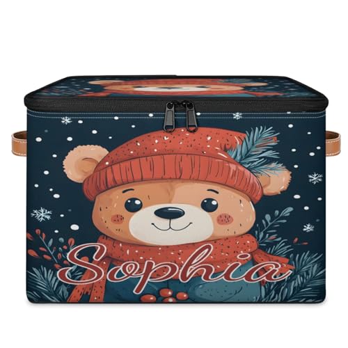 Custom Storage Basket with Name, Personalized Storage Bins with Zipper Lid, Foldable Fabric Storage Box Large capacity with Handle Red Hat Scarf Bear - color: Option 14