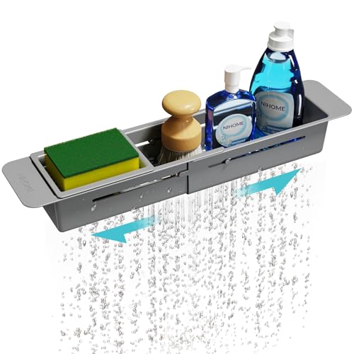 NiHome Extendable Over Sink Kitchen Organizer, Small Telescopic Brush Storage Rack for Sponge, Non-Slip Pads Expandable Sink Caddy, Adjustable Sponge/Brush Rack with Drainage Durable ABS (Dark Gray) - color: Dark Gray, size: Standard
