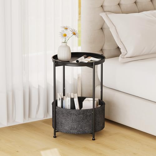 Garden 4 you Small Side Table, Mini Round End Table, Tray Table with Fabric Storage Basket, Modern Nightstand for Living Room, Bedroom, Patio, Small Space, Black - color: Black With Basket, size: 1 PCS