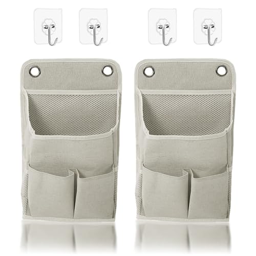 Wall Hanging Storage Bag, 2Pcs 5 Pocket Hanging Storage Bag Bedside Caddy Organizer for Bed for Bunk Bed Dorm Room Hospital, Holds Phone Glasses Book Remote, Fits Bed Rail Headboard, Grey