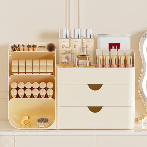 Makeup Organizer with Drawers, Large Capacity Countertop Organizer for Vanity, Bathroom and Bedroom Desk Cosmetics Organizer, Easy To Storage Skincare,Brushes, Eyeshadow,Lipstick (All Cream) - color: All Cream, size: Medium