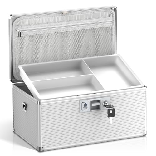 Medicine Lock Box with Key, Alluminum Alloy Box for Medication,First Aid Box with a Removeable Tray to Store Medicines & Pills for Home, Silver, 16 * 9.25 * 7.48 Inch - color: Silver, size: X-Large-16inch