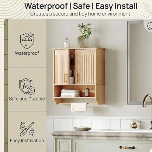 HOOBRO Narrow Bathroom Wall Cabinet with Towel Rack, Space Saving Medicine Cabinet for Small Spaces, Farmhouse Fluted Wall Storage Cabinet with Adjustable Shelf, Natural - color: Natural, size: 15.7"L x 7.9"W x 22.4"H