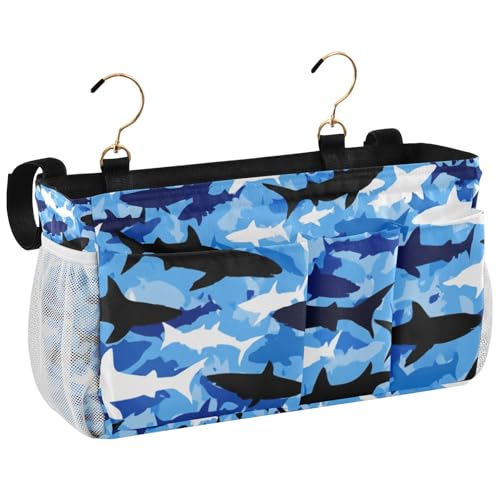 Bedside Caddy Hanging Bunk Bed Caddy Bed Organizer Hanging Pocket with 2 Hooks Bedside Storage Organizer Pocket Bag Holder Marine Bright Sky Blue Shark - color: Marine Bright Sky Blue Shark