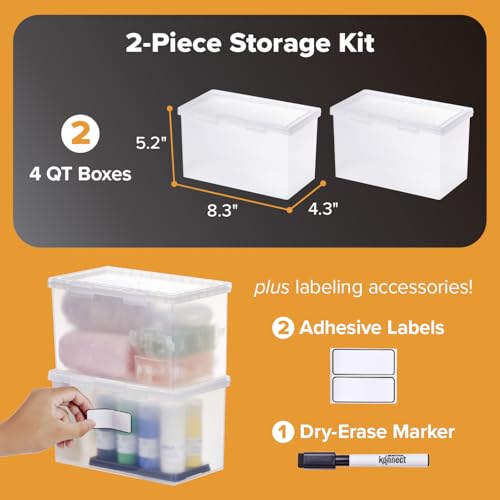 Bostitch Konnect Storage Containers with Lids, Office Organizer, Clear Plastic Box, Desk and Home Organizer, Labels, 4 Qt, 2 Pack